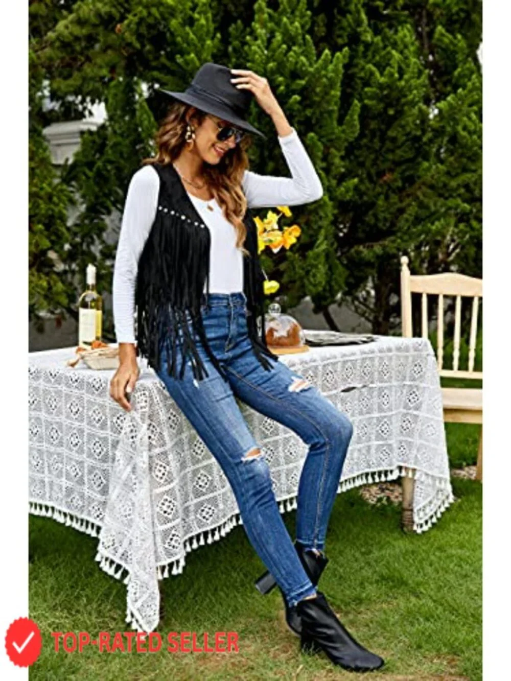 Faux Suede Fringe Vest Sleeveless 70s Hippie Cowgirl Western Tassel